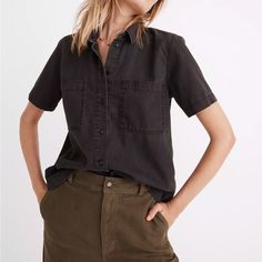 A Button-Up Shirt That's As Easy As Your Favorite Tee. Made Of Lightweight Denim In Our Fan-Favorite Black Wash, It's A Wear-Every-Day, All-Year-Round Kind Of Deal. Regular Fit. Body Length From High Point Of Shoulder: 23 1/2". Cotton. Do Well: We Partner With The Better Cotton Initiative To Improve Cotton Farming Globally. Machine Wash. Import. Nb497 Front Tie Shirt, Denim Short, Madewell Denim, Short Sleeve Button Up, Light Denim, Denim Shirt, Denim Wash, Shirt Sleeves, Black Gray