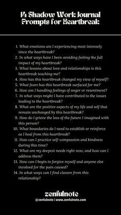 Shadow work focusing on heartbreak involves delving into the pain, loss, and lessons stemming from the end of relationships, allowing for healing and growth. Navigating heartbreak requires time, patience, and self-care. As you engage with these questions, remember to treat yourself with kindness. Journaling Prompts For Heartbreak, Shadow Work For Breakups, Friendship Journal Prompts, Breakup Journaling Prompts, Shadow Work Questions For Relationship, Healing Shadow Work, Breakup Shadow Work Prompts