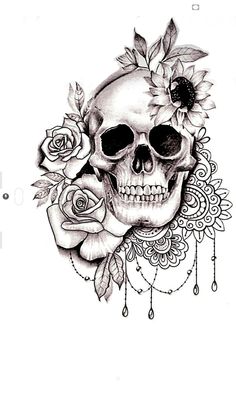 a drawing of a skull with flowers on it's head and an eye patch