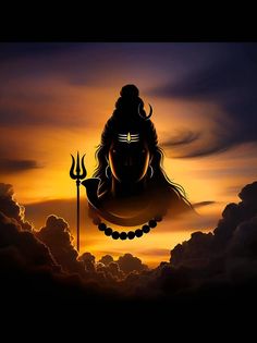 an image of lord ganesha in the sky with clouds and sunset behind it