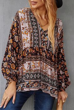 Black Floral Print Loose Drawstring V Neck Blouse Floral Sleeve, Black Floral Print, Boho Shirts, Floral Tunic, Daily Style, V Neck Blouse, Tunic Blouse, Off Shoulder Tops, Boho Floral