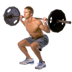 a shirtless man holding a barbell in front of his face while performing a squat exercise