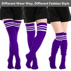 Extra Long Warm Knit Striped Thigh Highs Leg Warmers-Purple & White St Striped Thigh Highs, Striped Leg Warmers, Thigh High Leg Warmers, Plus Size Tights, Lace Stockings, Slouch Socks, Stockings Legs, Unique Color Combinations, Thigh High Socks