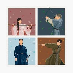 four different pictures of people with bows and arrows