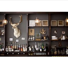 a bar with shelves filled with liquor bottles and deer head mounted on the wall behind it