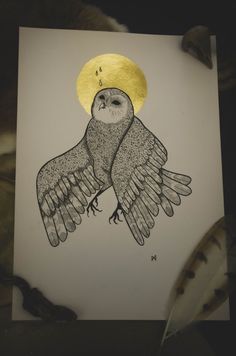 a drawing of an owl with the moon in the background