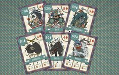 six cards with different characters on them, all showing the same character and their numbers