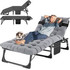 a man laying on top of a blue chaise lounge chair next to a dog