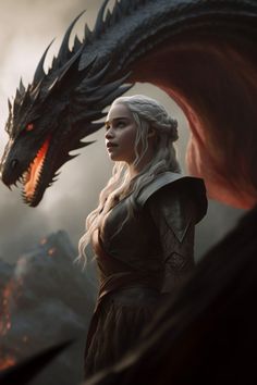 a woman with white hair standing next to a dragon