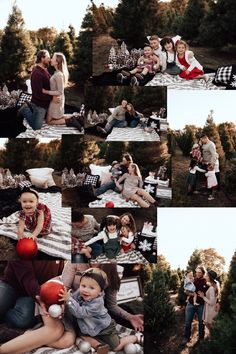 a group of people sitting on top of a blanket next to each other in front of trees