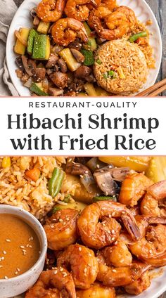 the restaurant quality hibachi shrimp with fried rice is served on a white plate