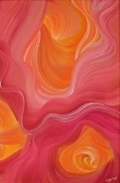 an abstract painting with orange and pink colors on it's surface, including swirls