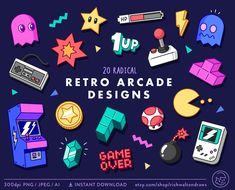 retro arcade designs are featured in this poster