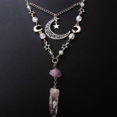 SPECIFICATIONS Style: Bohemia Shape\pattern: Moon Metals Type: Zinc alloy Material: Cubic Zirconia Fine or Fashion: Fashion Chain Type: Rope Chain Layered Necklaces Boho, Wire Wrapped Moon, Necklace Layered, Witch Jewelry, Gothic Necklace, Witchy Jewelry, Box Diy, Raw Amethyst, Crackle Glass