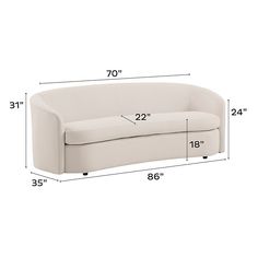 a white couch with measurements for the seat and back end, shown in front of a white background