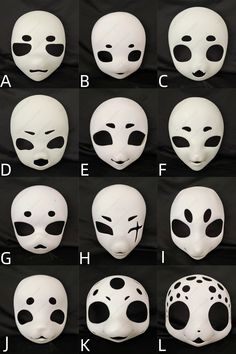 several masks with different faces and numbers on them, all showing the same face shapes