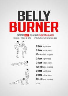 the belly burner workout plan is shown in red and black, with instructions for how to