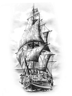 a black and white drawing of a sailing ship