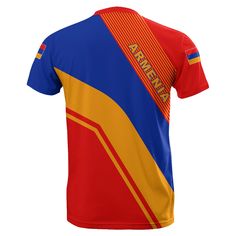 a red, yellow and blue shirt with the word team america on it's chest