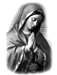 the virgin mary with her hands clasped to her chest and eyes closed, in black and white