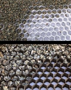 there are two different sections of hexagonal bricks on the ground and one is filled with rocks