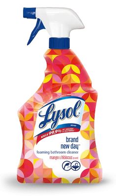 a bottle of lysol hand sanitizer on a white background with multicolored circles