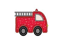 a red firetruck with hearts on it's side and a white background