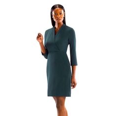 For The Niko, We Took Everything We Love About The Traditional Wrap Dress (An Elegantly Folded Front Panel, Defined Waist, And Relaxed Sleeve) And Updated It In Our Machine-Washable Sharkskin Fabric Sourced From Italy. Beautiful Professional Dress. Fit: Tailored Body Type: Bust-Friendly, Petite-Friendly Sleeve Length: 3/4 Sleeve Neckline: V-Neck Bottom Shape: Pencil Bottom Length: Knee Mm Lafleur Faux Wrap, Knee Length, 3/4 Sleeve, Sheath Dress Deep Forest Green Size 2 82% Triacetate, 18% Polyes Fitted Green V-neck Dress For Work, Fitted Long Sleeve V-neck Dress For Office, Office Dresses With 3/4 Sleeves, Chic Fitted Dress With 3/4 Sleeves, Formal Green Fitted V-neck Dress, Elegant Green Dress With 3/4 Sleeves, Fitted V-neck Dress For Workwear In Fall, Fitted V-neck Dress For Work In Fall, Half Sleeve Midi Dress For Work