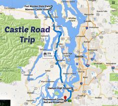 a map with the words castle road trip on it and an image of a river