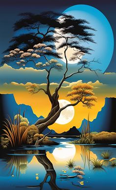 a painting of a tree in the middle of a body of water with a full moon behind it