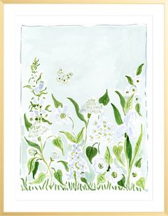 a watercolor painting of white flowers and green leaves on a light blue sky background