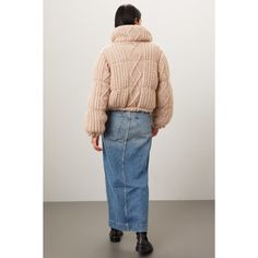 Off-white knit (46% Acrylic, 37% Polyester, 10% Nylon, 7% Wool). Jacket. Long sleeves. High neck. Front zipper closure. 21" from shoulder to hemline. Imported. Chunky Knit Turtleneck Outerwear For Fall, Fall Chunky Knit Turtleneck Outerwear, Casual Turtleneck Outerwear With Zipper Closure, Chic Turtleneck Outerwear With Ribbed Cuffs, Beige Turtleneck Outerwear For Cold Weather, Winter White Turtleneck Outerwear For Fall, Chic Chunky Knit Turtleneck Outerwear, Spring Workwear Outerwear With Chunky Knit, Spring Workwear Outerwear In Chunky Knit