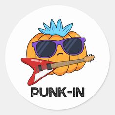 an orange with sunglasses and a guitar sticker