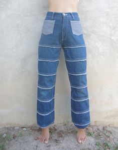 vintage jeans Blue Jeans patchwork ,High Waist,hippie jeans ,retro denim,vintage jeans ,hipster women pants I want you to experience the beauty, style and comfort of my goods. condition : ready to use very good color : Blue jeans Material : Denim fabric Label : Mede in japan Blue Jeans patchwork measurements: inches or centimeters but I check measurements 1. Waist: 24-25 inch // 61-63.5 cm 2. Hips: 34 inch // 86 cm 3. Rise: 10.5 inch // 26.5 cm * the top of the front waistband. 4. thigh size : 1 Retro Denim Patchwork Pants, Retro Patchwork Denim Pants, Retro Wide Leg Patchwork Jeans, Wide Leg Patchwork Jeans In Recycled Denim, Upcycled Blue Recycled Denim Jeans, Blue Upcycled Recycled Denim Jeans, Retro Denim Blue Patchwork Bottoms, Patchwork Medium Wash Denim Flare Jeans, Upcycled Denim Blue Straight Leg Bottoms