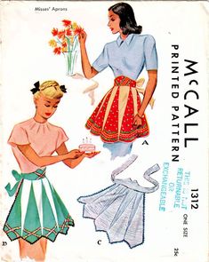 an old sewing pattern for a dress and skirt with flowers on the front, as well as a woman holding a cake