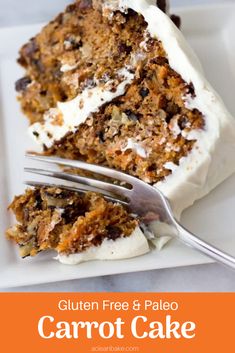 a slice of carrot cake with cream cheese frosting on a white plate next to a fork