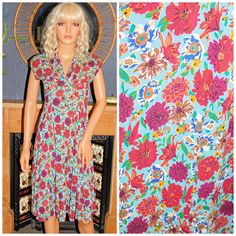 Vintage 30s 40s Multicoloured FLORAL Print Tea dress 6 Xs 1930s 1940s Wartime Ww2 1940s Wartime, 1930s Fashion, Tea Dress, Fitted Bodice, Dress Clothes For Women, Shoulder Pads, Multi Color, Floral Print, Dress Outfits