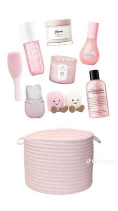 the contents of a pink basket are shown