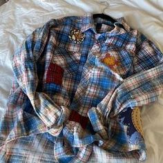 GigiNLily | Jackets & Coats | Xl Love Repurposed Flannel Up Cycled Shirt Flower Stitched Boho Gypsy Unique | Poshmark Boyfriend Shirt