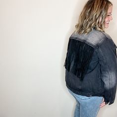 Features fringe, lightweight denim and lightweight buttons. Ash has this layered with a long sleeve top in the xl as a size 16. Non stretch but oversized Details Denim Jacket Brand: Savanna Jane Color: Black Sizing S (2-6) | M (8-10) | L (12-14) | XL (16-18) | 2X (20-22) | 3X (22-24) Ashley (Size 16 regular and 40H bust) wears size XL Fabric Fit & Feel 90% Cotton 5% Poly 5% Viscose Relaxed fit with room in the tummy (Taco friendly :-) Measurements (approximate and taken while laying flat) Length Faded Outerwear With Frayed Hem And Long Sleeves, Faded Cotton Outerwear With Frayed Hem, Faded Long Sleeve Outerwear With Frayed Hem, Faded Denim Jacket With Frayed Hem For Fall, Fringe Cotton Denim Jacket For Fall, Spring Outerwear With Faded Color And Frayed Hem, Spring Outerwear With Frayed Hem In Faded Color, Chic Fall Denim Jacket With Frayed Hem, Casual Fringe Denim Jacket For Spring