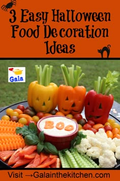 an assortment of halloween food on a plate with the words 3 easy halloween food decoration ideas