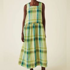 Like New Size Medium Sleeveless Rare Not Sold Anymore Like Green Acid Green And Yellow Plaid Midi Drop Waist Dress. 100% Linen Dropped Waist Dress, Like Green, Drop Waist Dress, Easy Shape, Oatmeal Color, Yellow Plaid, Fine Linen, Dropwaist Dress, Green And Yellow