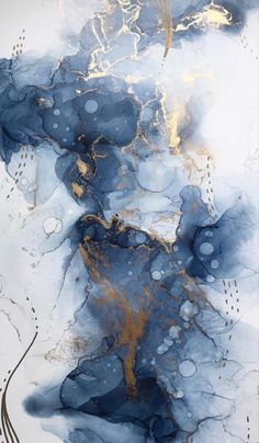 an abstract painting with blue, gold and white colors on it's surface is shown