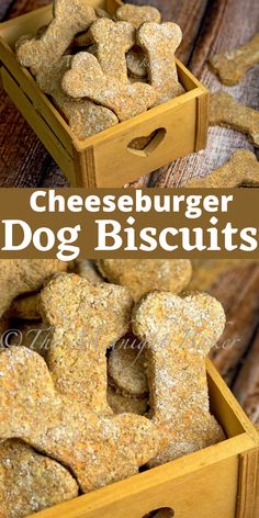 cheeseburger dog biscuits in a wooden box with the words cheeseburger dog biscuits