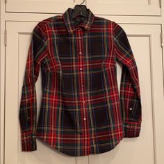 J.Crew Perfect Fit Multi Colored Paid Cotton Long Sleeve Cotton Button Down Shirt. Nwt Size 00p Plaid Tops With Snap Buttons For Work, Plaid Button Closure Workwear Top, Plaid Tops With Button Cuffs For Work, Plaid Top With Button Closure For Business Casual, Plaid Buttoned Top For Workwear, Preppy Buttoned Tops For Work, Preppy Buttoned Tops For Fall, Velour Tops, Layered Blouse