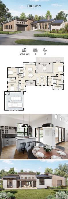 the floor plan for this modern house is shown in three different views, including an open kitchen