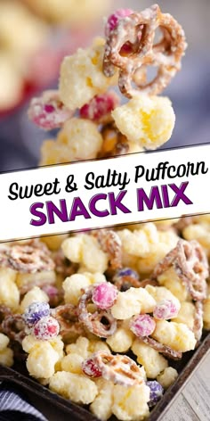 sweet and salty popcorn snack mix in a tray with the title overlay reading sweet and salty popcorn snack mix