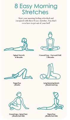 a poster with instructions on how to use the yoga position for back pain and easy morning stretches