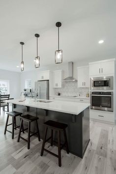 a kitchen with an island and three stools