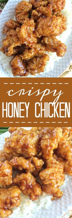 crispy honey chicken on a white plate with the title above it in brown text